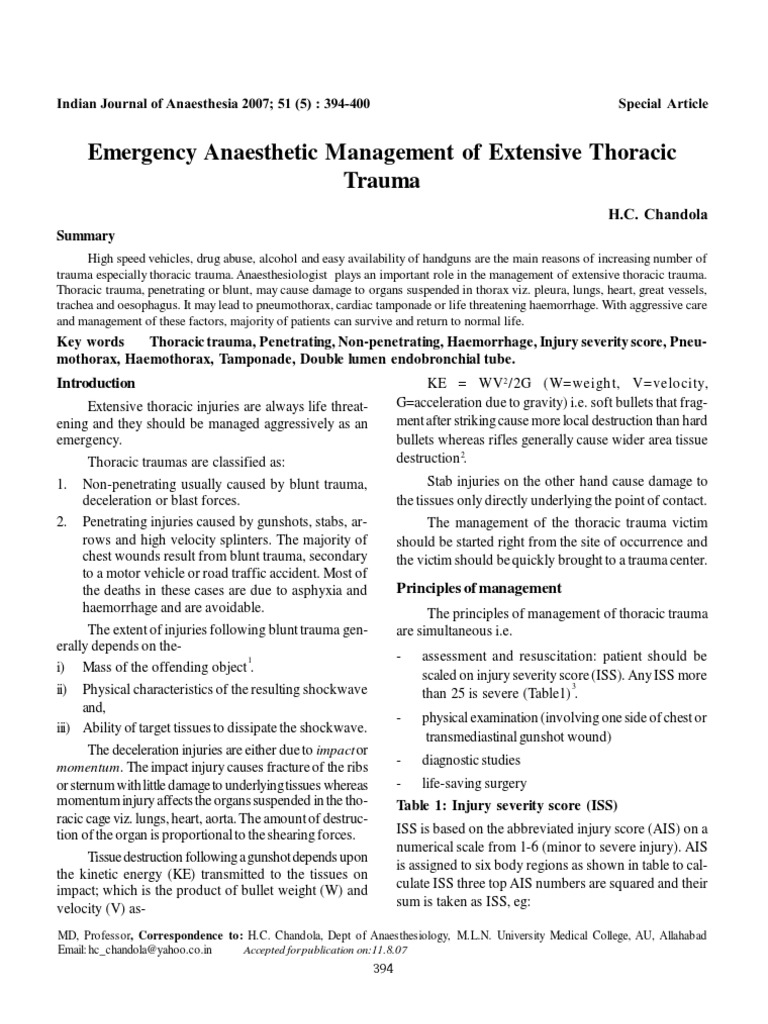 Emergency Anaesthetic Management of Extensive Thoracic Trauma | PDF ...