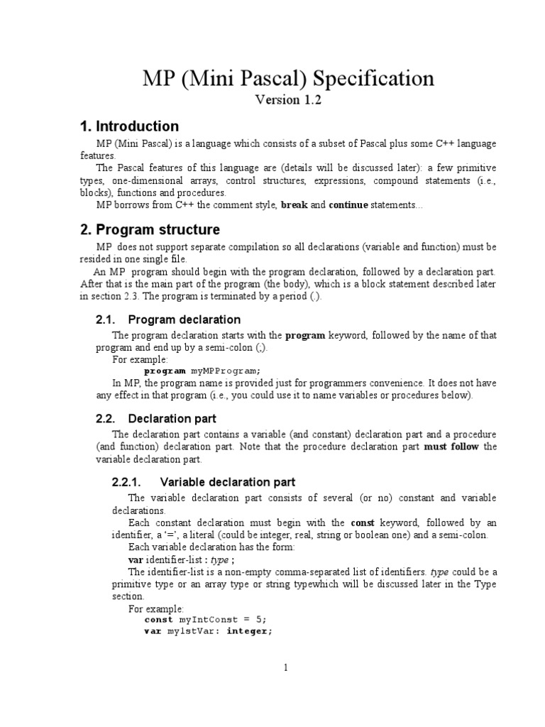 MP (Mini Pascal) Specification: 2.1. Program Declaration | PDF ...
