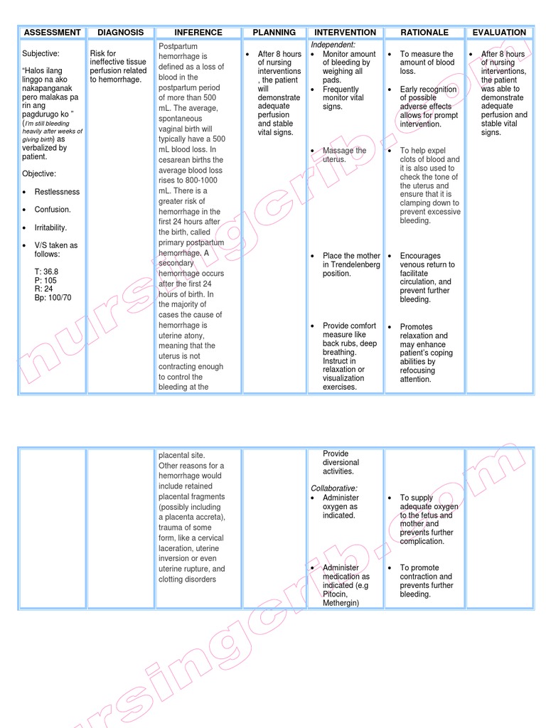 Nursing Care Plan Postpartum Hemorrhage Bleeding Postpartum Period