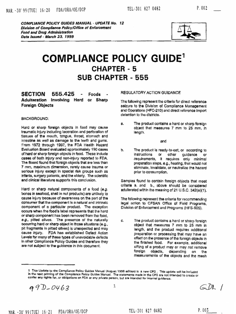 FDA Guidelines on Foreign Objects in Food | PDF | Food And Drug ...