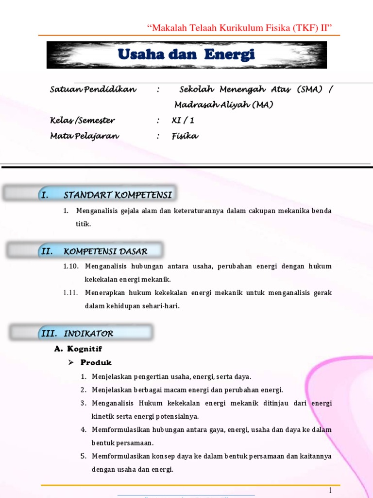 Telaah Kurikulum Fisika Usaha Dan Energi