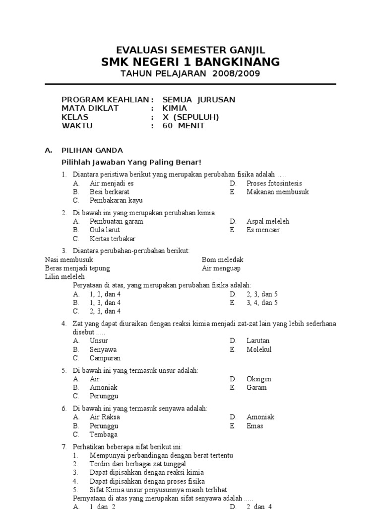 Soal Uas Kimia Kelas 10 Semester 2 Kurikulum 2013