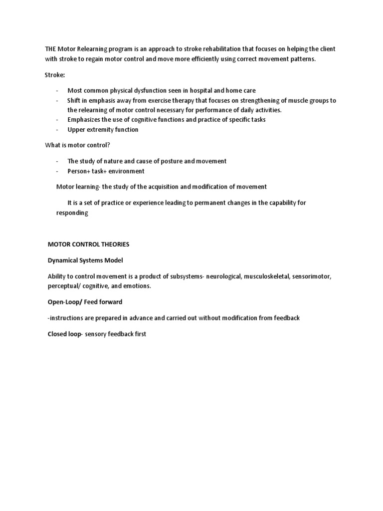 Motor Relearning in Stroke Rehabilitation | PDF