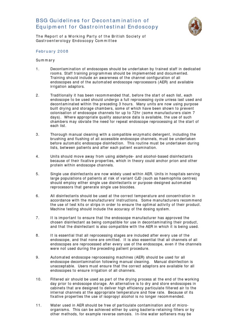 BSG Guidelines Decontamination of Equipment For Gastrointestinal Endos