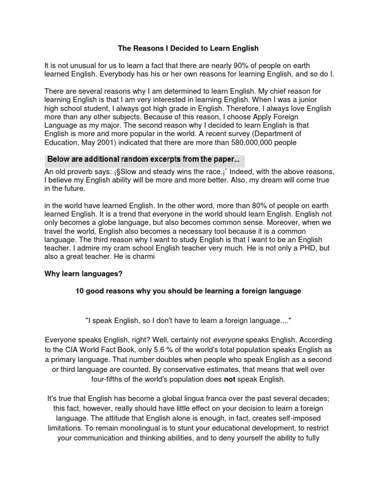 The Reasons I Decided To Learn English PDF Foreign Language