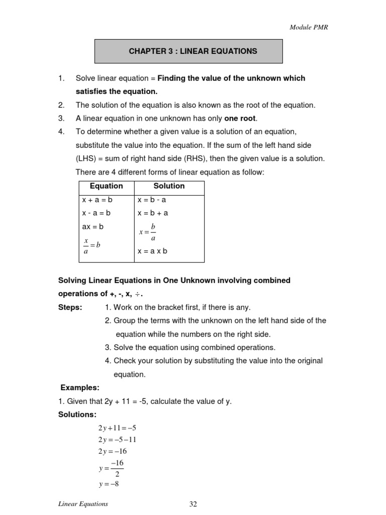 Solving Linear Equations in One Variable | PDF | Science & Mathematics