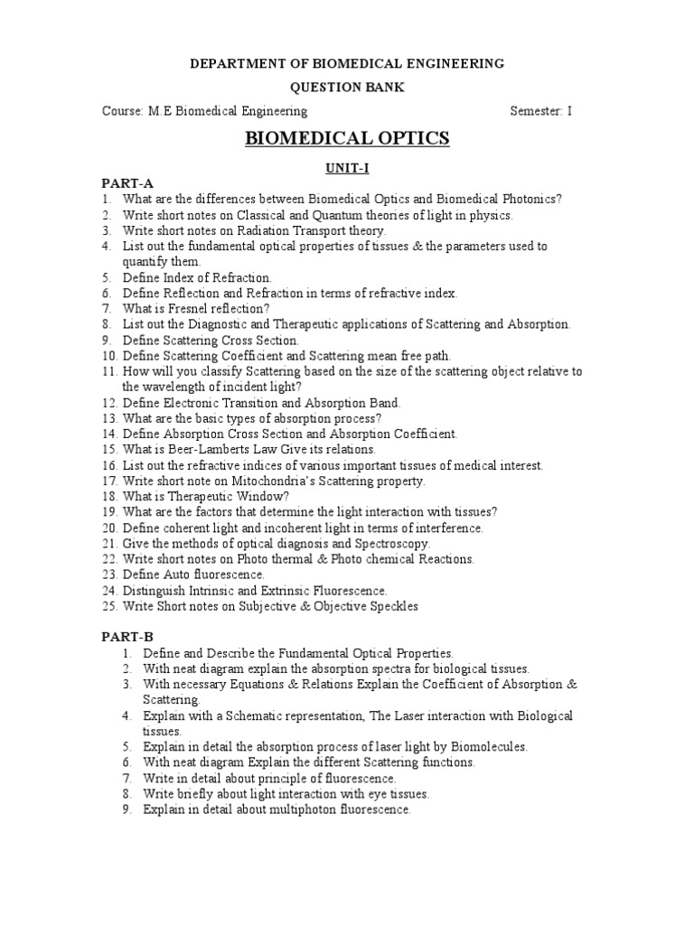Biomedical Optics Question Bank PDF Holography Absorption