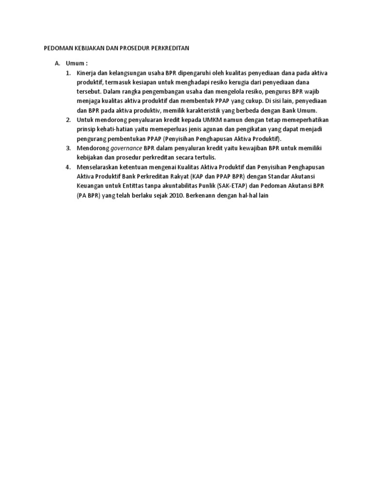 Pedoman Kebijakan Dan Prosedur Perkreditan Pedoman Kebijakan Dan Prosedur Perkreditan
