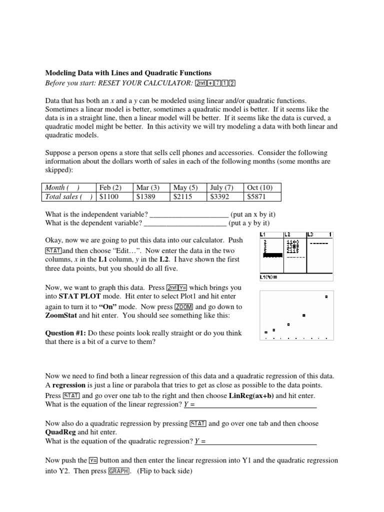Worksheets Quadratic Regression Worksheet modeling data with lines and quadratic functions regression analysis estimation theory
