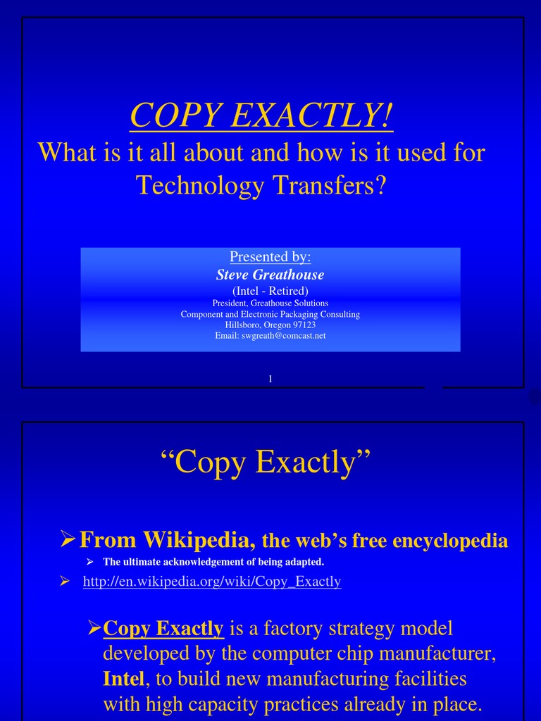 Copy Exactly Procedures Intel Factory