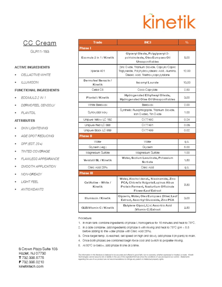 CC Cream Formulation Overview | PDF | Glycerol | Olive