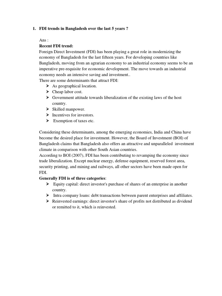 Bangladesh FDI Trends & Regulations | PDF | Foreign Direct Investment ...