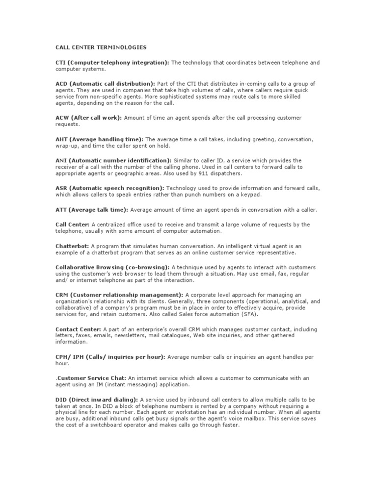Call Center Terminologies Pdf Call Centre Interactive Voice Response