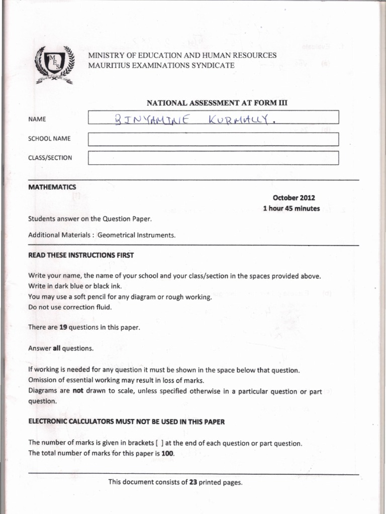 Form 3 Mathematics Exam Paper 2012 | PDF | Teaching Mathematics | Science