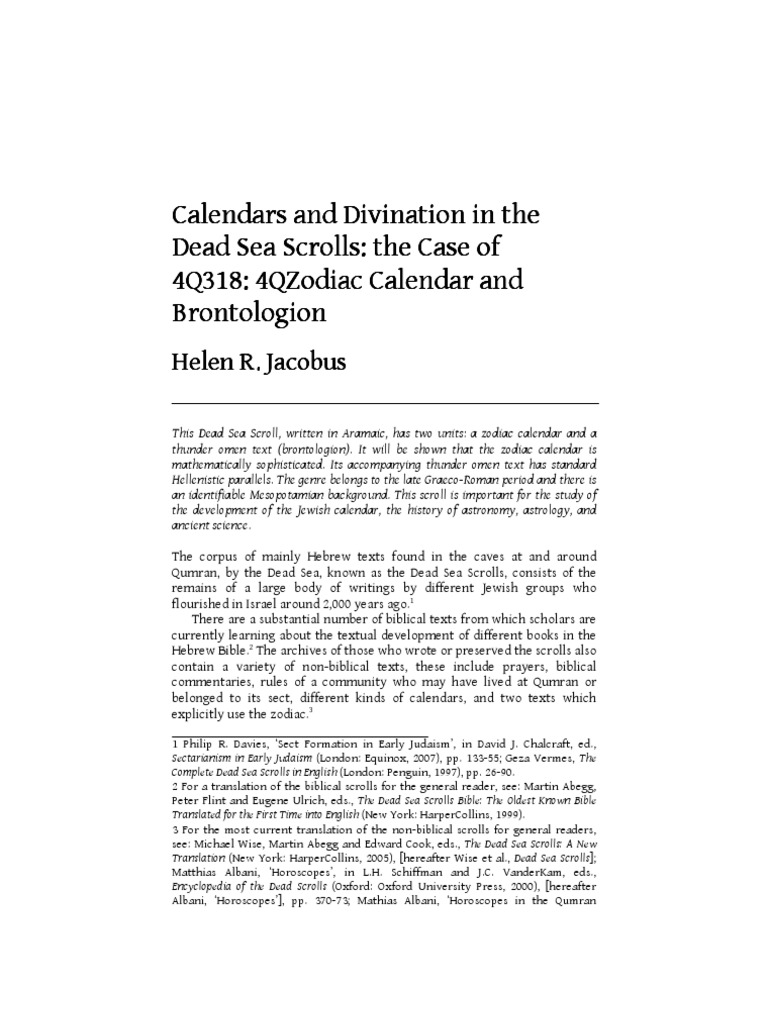 Calendars and Divination in The Dead Sea Scrolls: The Case of 4Q318  4QZodiac Calendar and Brontologion | PDF | Hebrew Calendar | Astrological  Sign