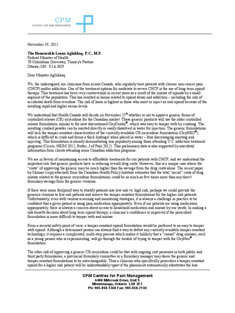 Health Canada Letter Re Generic OC | PDF | Opioid | Oxycodone