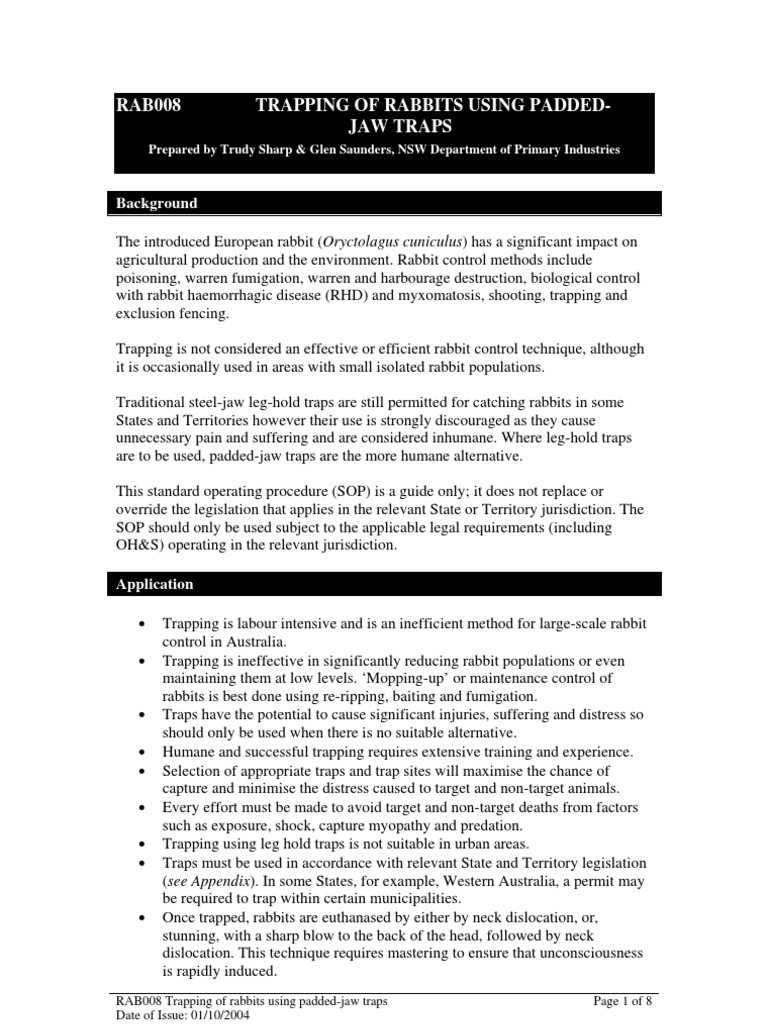 Rab008 Trapping Rabbits Padded Jaw Traps PDF Trapping Animal Welfare