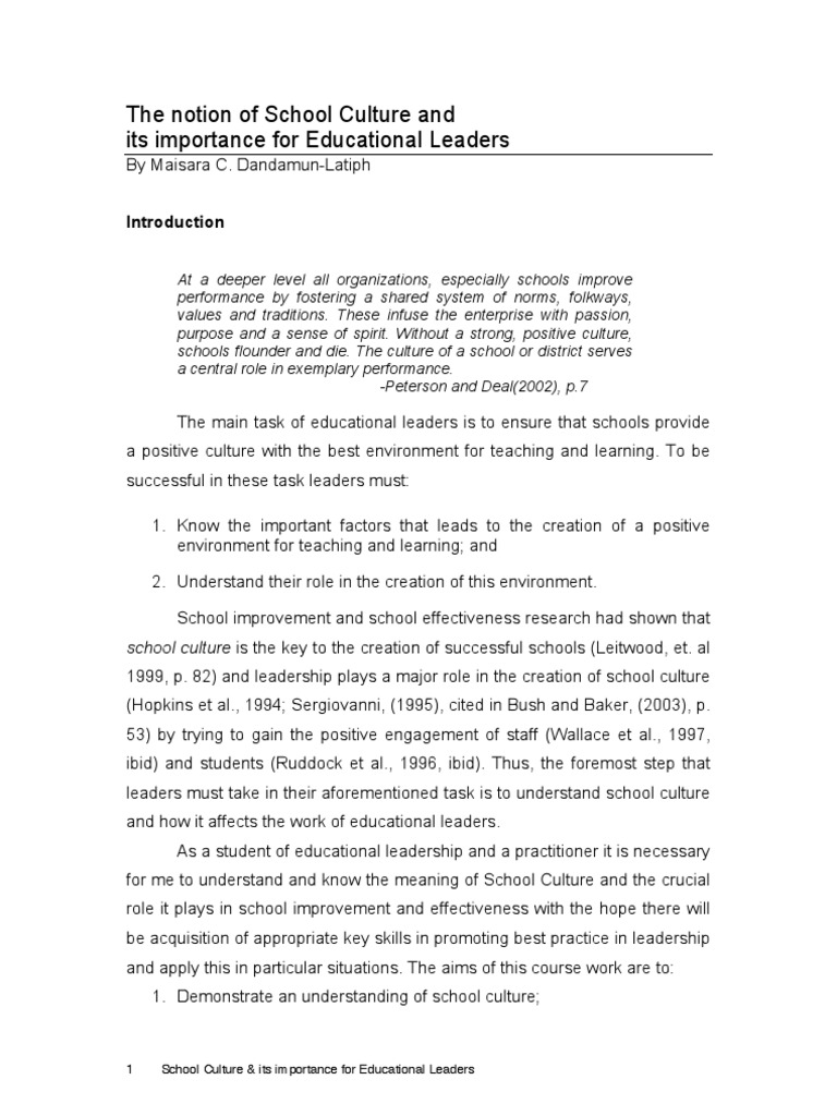 School Culture and Its Importance For Educational Leaders | PDF ...
