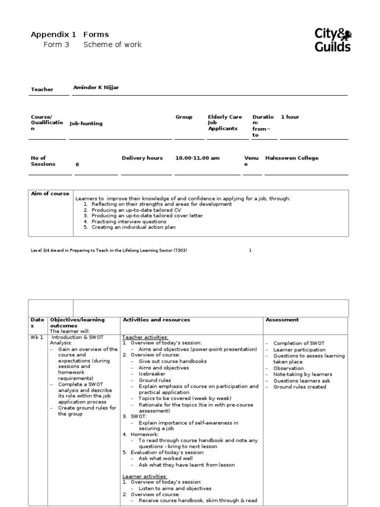 City And Guilds Ptlls Lesson Plan Template