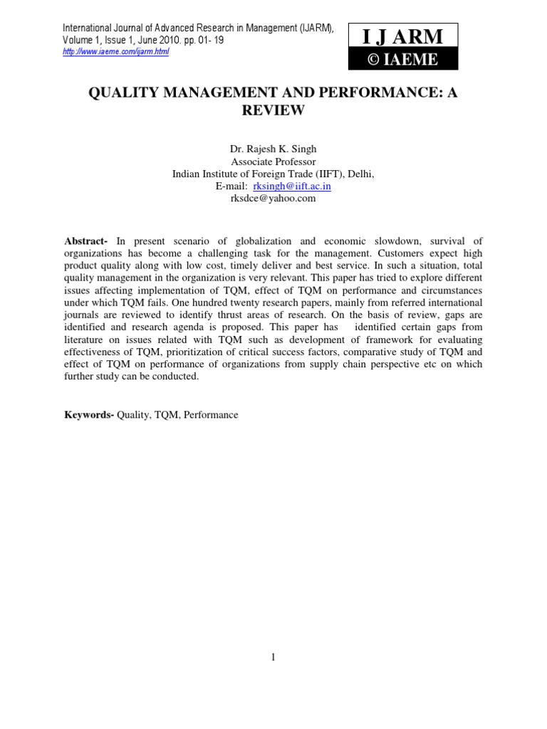Quality Management and Performance A Review | PDF | Supply Chain ...
