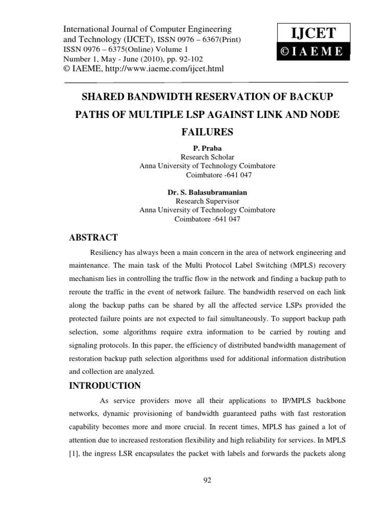 Shared Bandwidth Reservation of Backup Paths of Multiple LSP Against ...