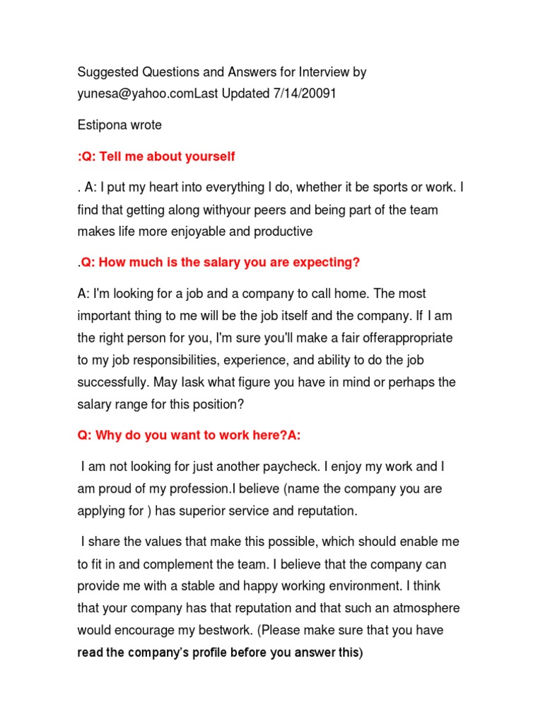 Suggested Questions And Answers For Interview By Yunesa Job Interview Employment