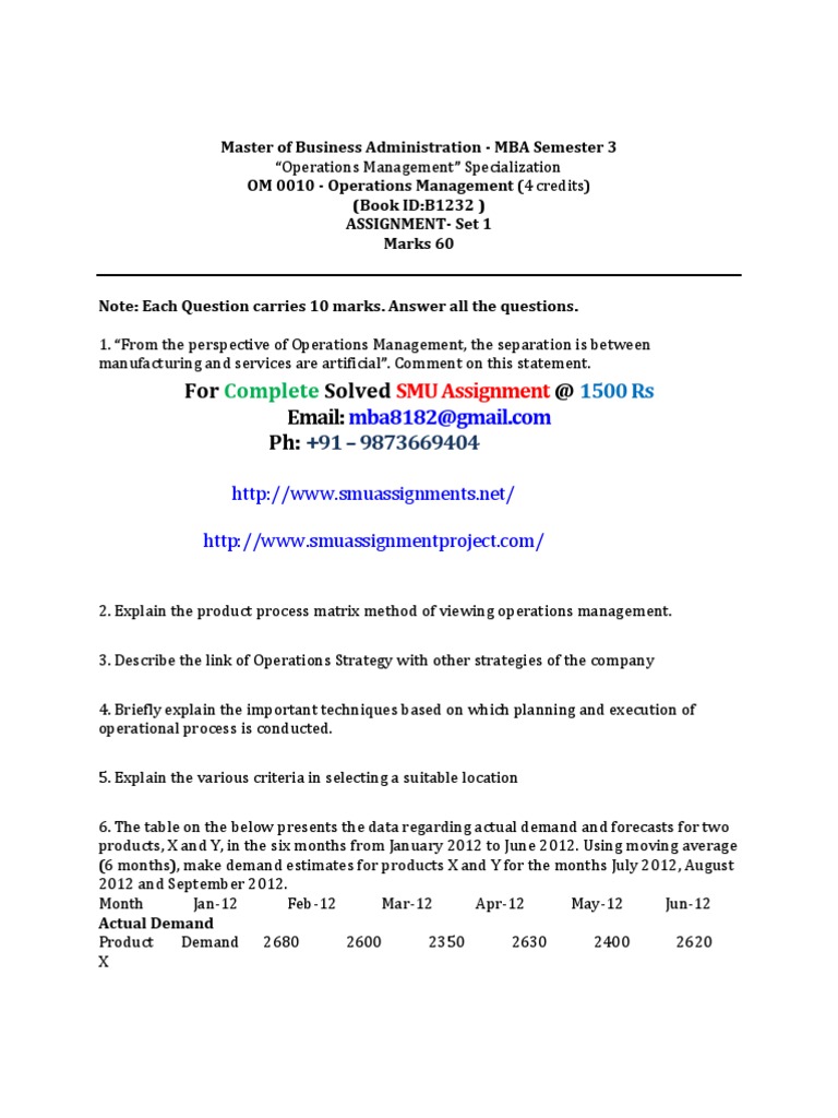 Operation management assignment questions