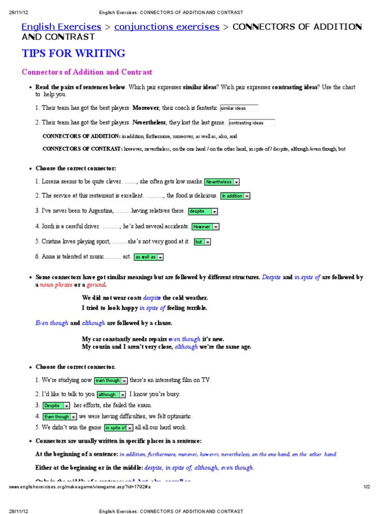 Connectors of Addition and Contrast PDF Grammar Syntax