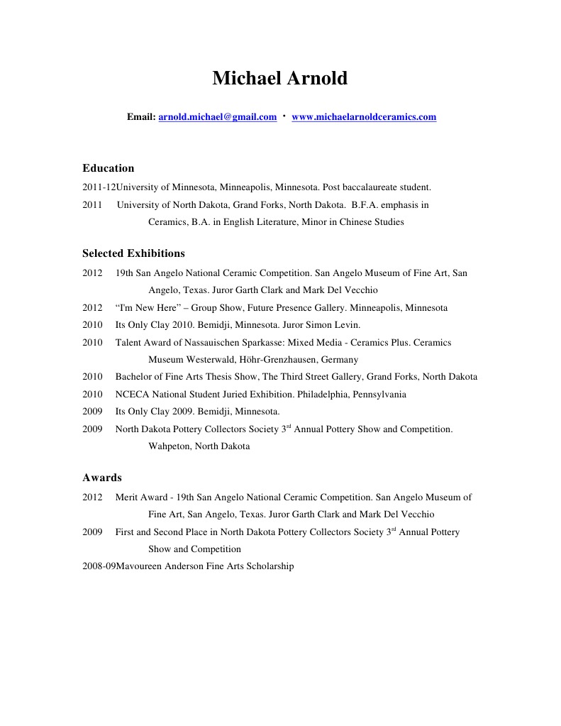 Michael Arnold Ceramics Resume  Version PDF Minnesota Pottery