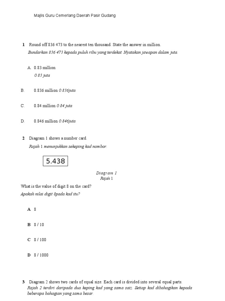 Mathematics Questions for UPSR Exam | PDF | Science & Mathematics