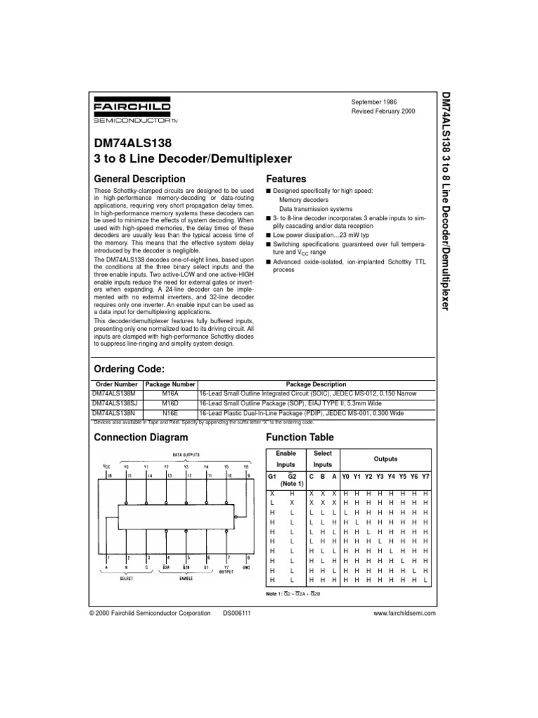 DM74ALS138 3 To 8 Line Decoder/Demultiplexer: General Description ...