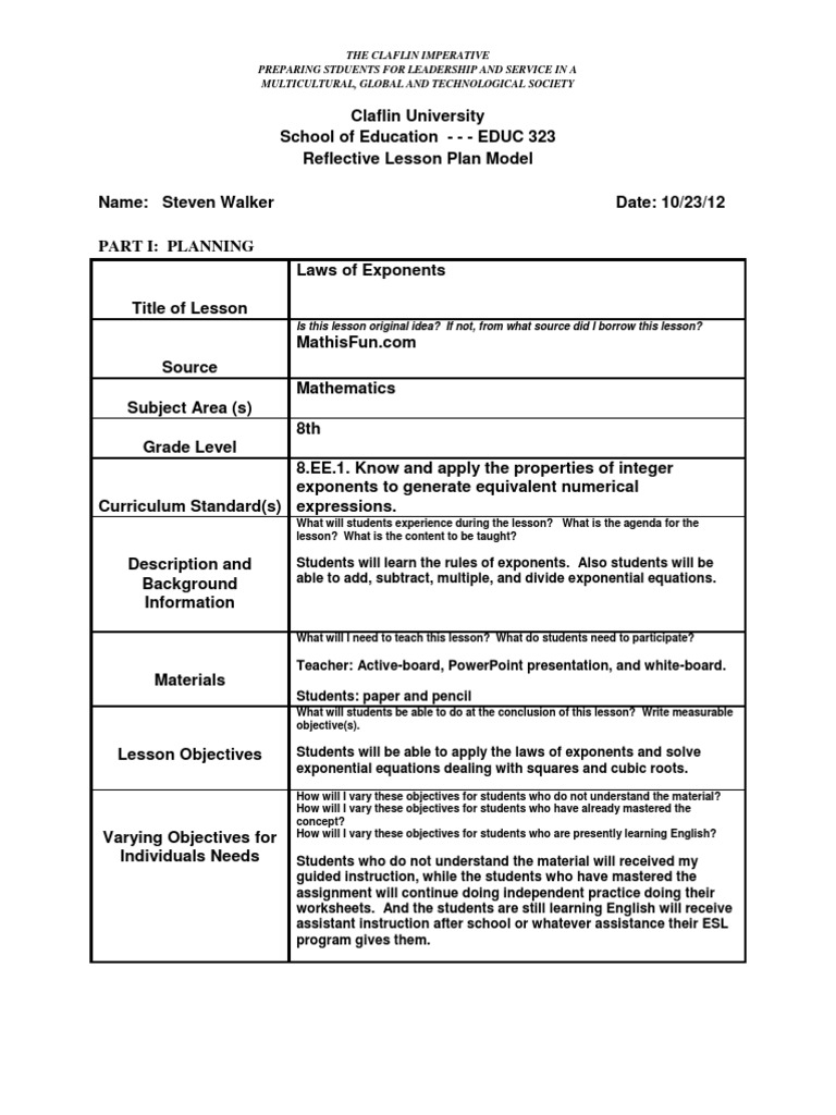 Laws of Exponents Lesson Plan | PDF | Exponentiation | Communication