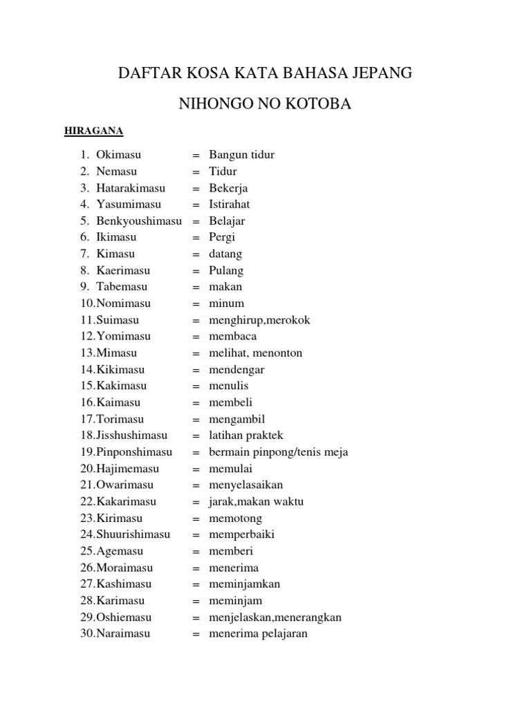 Daftar Kosa Kata Bahasa Jepang Daftar Kosa Kata Bahasa Jepang