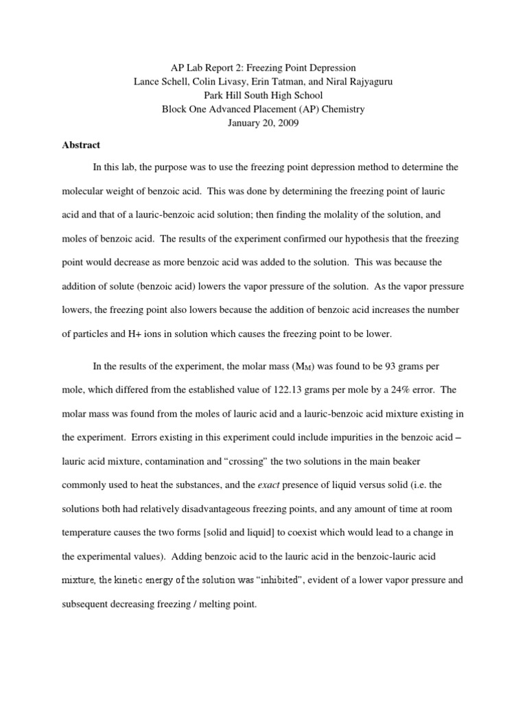 Freezing Point Depression Post Lab Answers