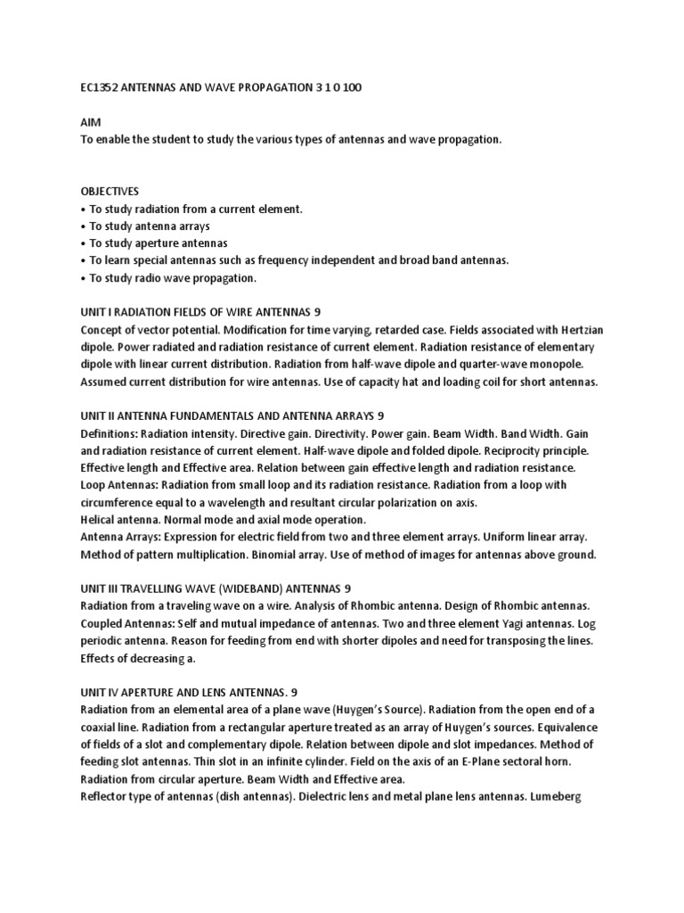 Ec1352 Antennas and Wave Propagation Syllabus PDF Antenna (Radio