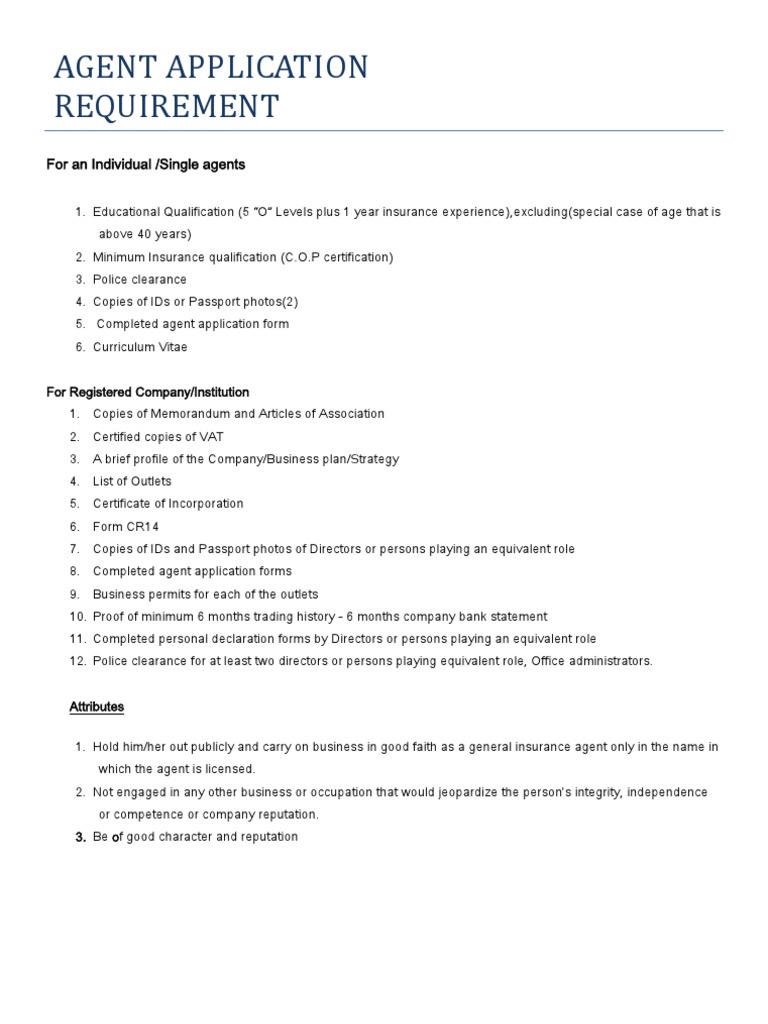 Insurance Agent Application Requirements | PDF | Finance & Money Management