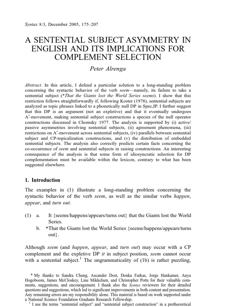A Sentential Subject Asymmetry | PDF | Subject (Grammar) | Phrase
