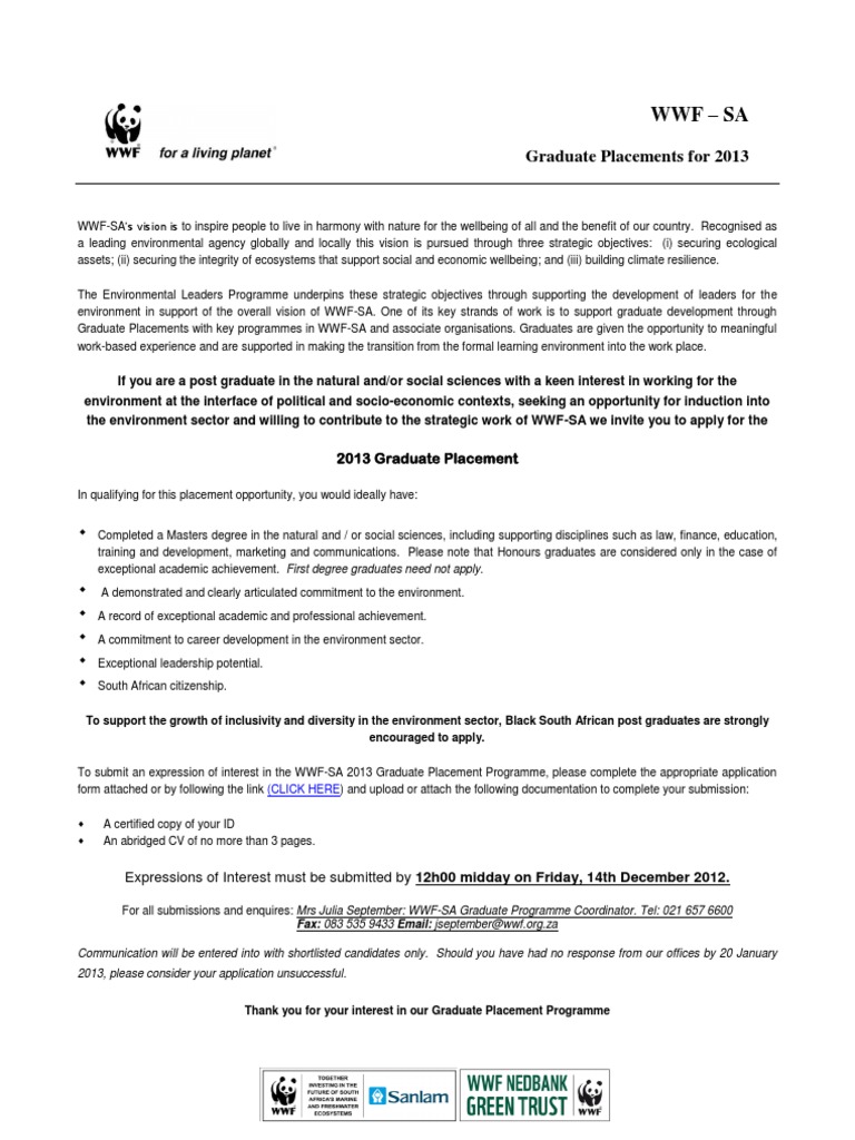 WWF-SA 2013 Graduate Placement Program | PDF | World Wide Fund For ...