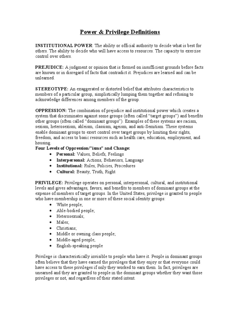 Power Privilege Definitions | PDF | Prejudices | Social Group