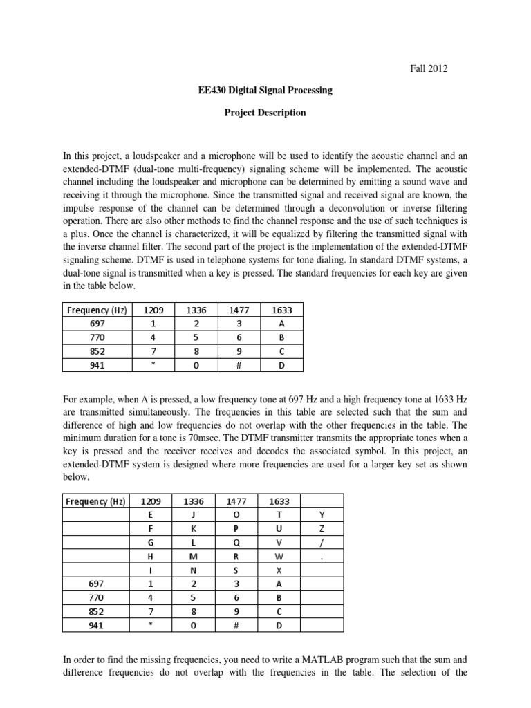 EE430 Digital Signal Processing Project Description PDF