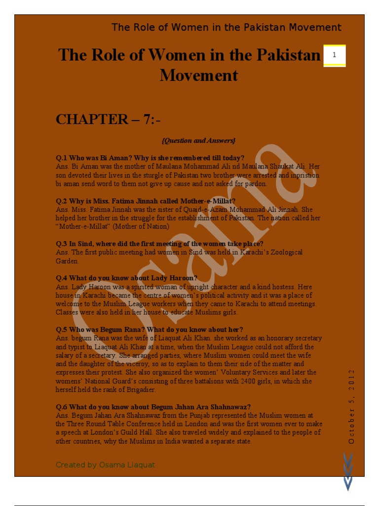 CH 7-The Role of Women in The Pakistan Movement | PDF | Pakistan ...