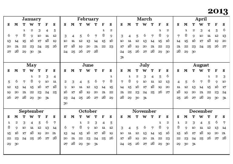 2013 Yearly Calendar Overview PDF