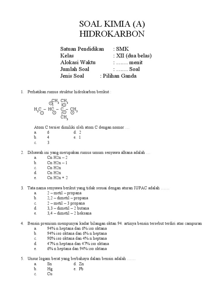 Soal Kimia Hidrokarbon