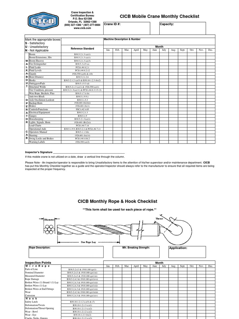 Mobile Crane Monthly Checklist Crane (Machine) Rope