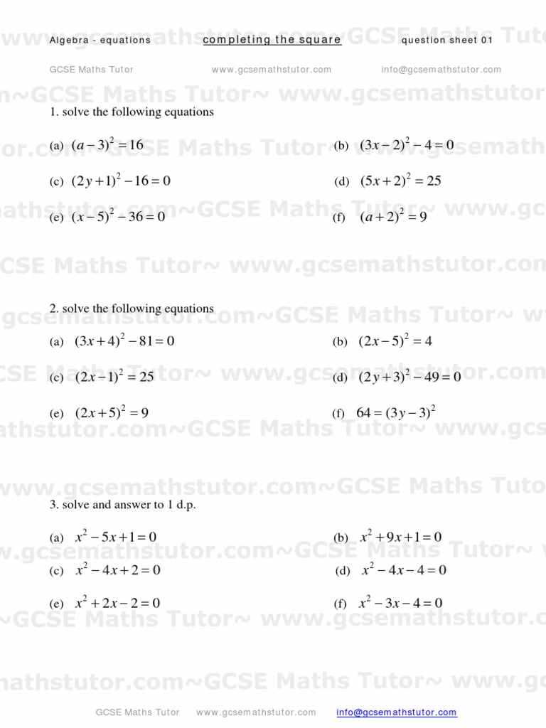 Completing the Square Practice Sheet | PDF | Quadratic Equation | Equations