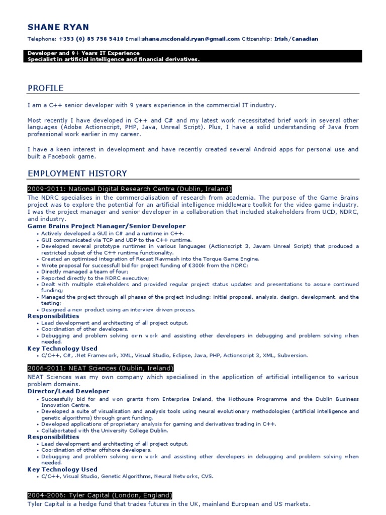 Shane Ryan CV | PDF | Microsoft Visual Studio | Visualization (Graphics)