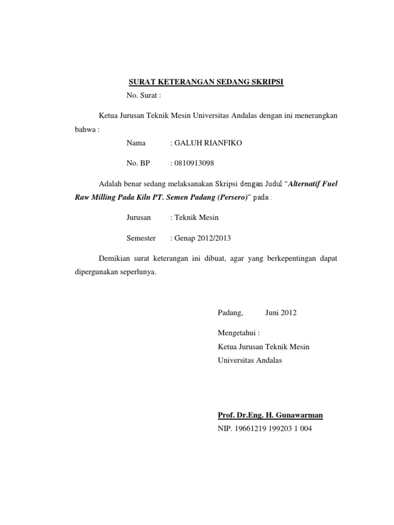 Surat Keterangan Sedang Skripsi 