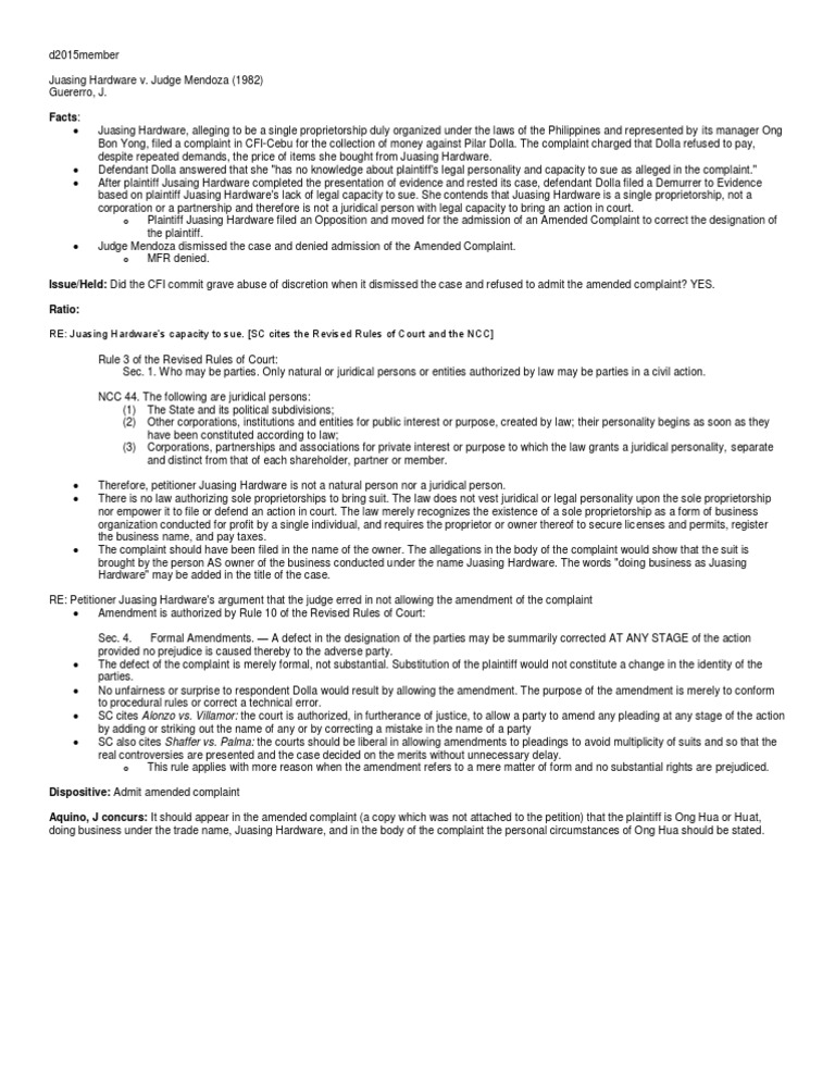 Juasing Hardware v. Mendoza Lawsuit Legal Personality