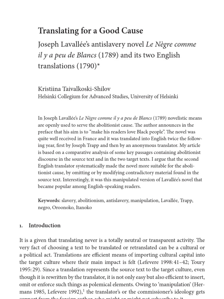 Translating For A Good Cause Joseph Lavalles Antislavery Novel Le