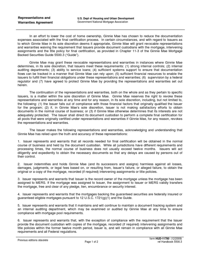 Representations and Warranties Agreement Government National Mortgage
